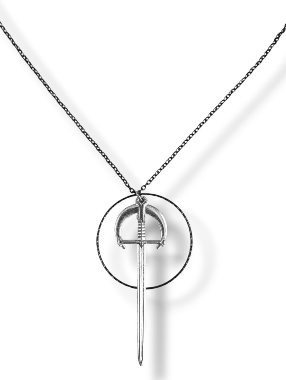 NWT Handmade Large Silver Sword Crescent Moon and Hoop Layered Long Necklace